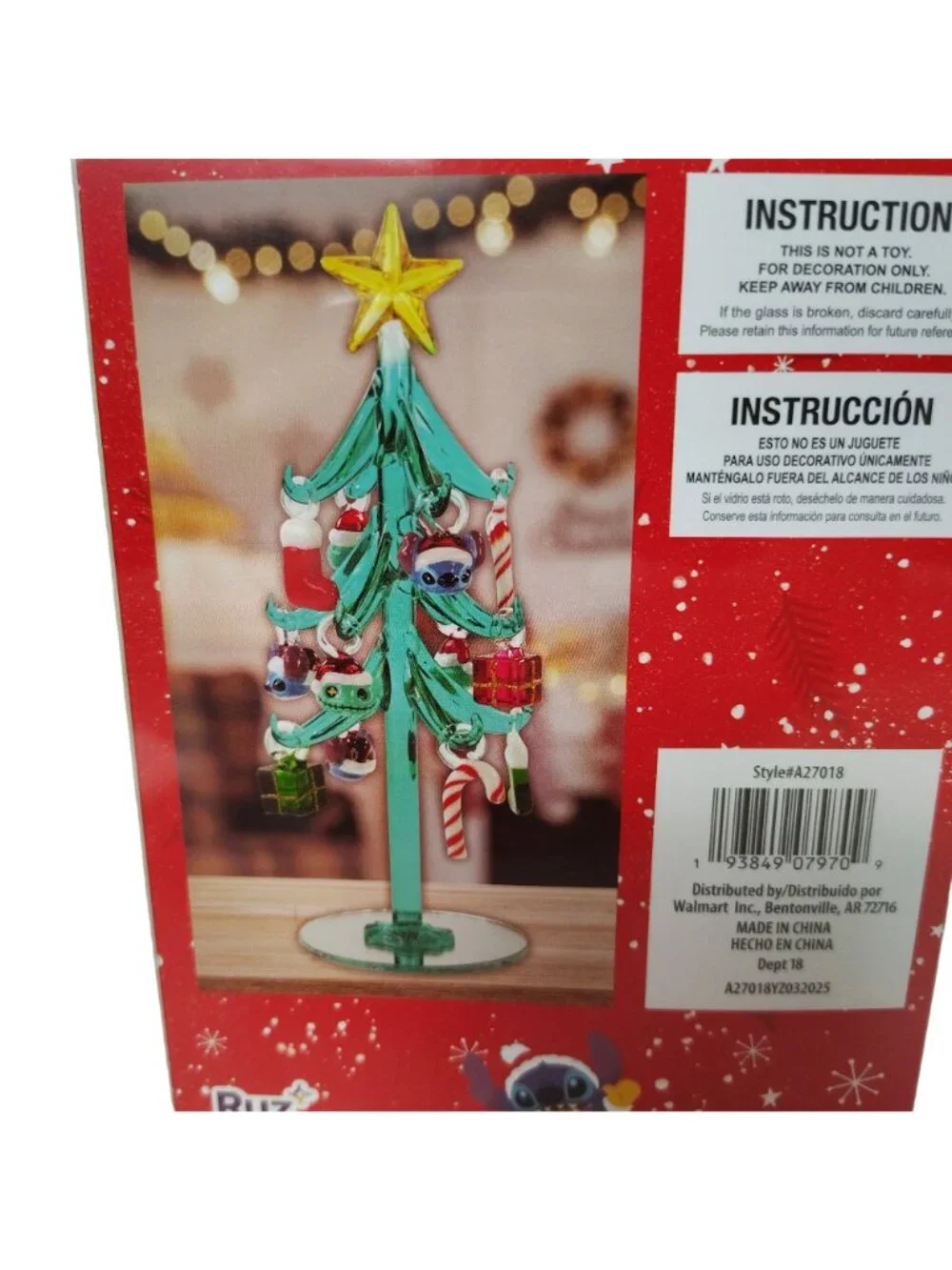 Disney Glass Christmas Tree With Stitch Ornaments and Star Topper